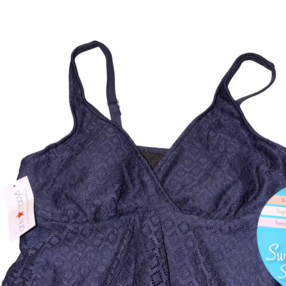 Swim Solutions Fly Away One Piece Swimsuit Women’s Size 12 Navy Blue Crochet New - Picture 2 of 7